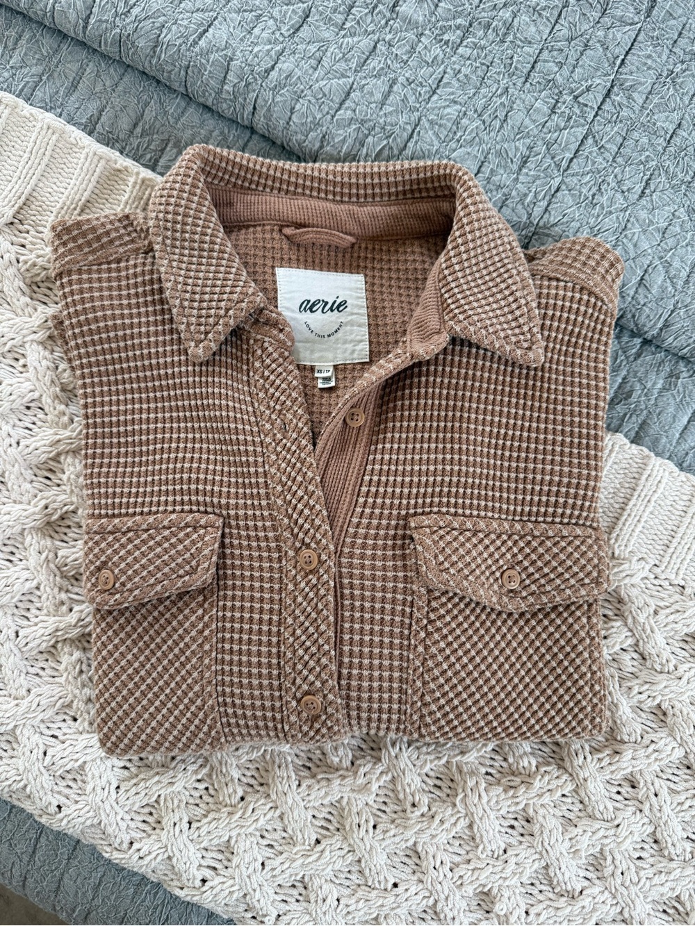aerie Waffle Knit Button-Up Sweatshirt Jacket - Picture 3 of 7